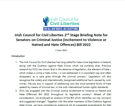 Featured image for “ICCL Second Stage Briefing Note for Senators on Criminal Justice (Incitement to Violence or Hatred and Hate Offences) Bill 2022”